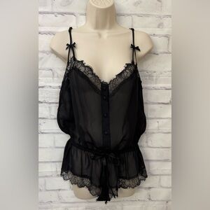 Frederic’s of Hollywood size med black sheer romper sexy‎ lace buttons pajama